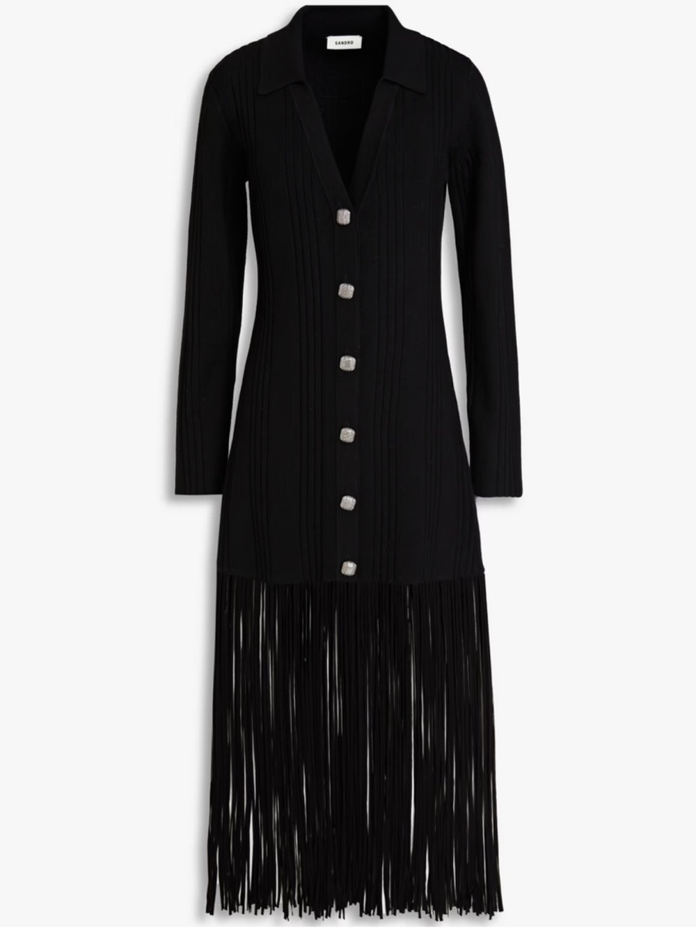 Sandro Black Long-Sleeve Fringe-Trim Button Dress Sandro size 2 M